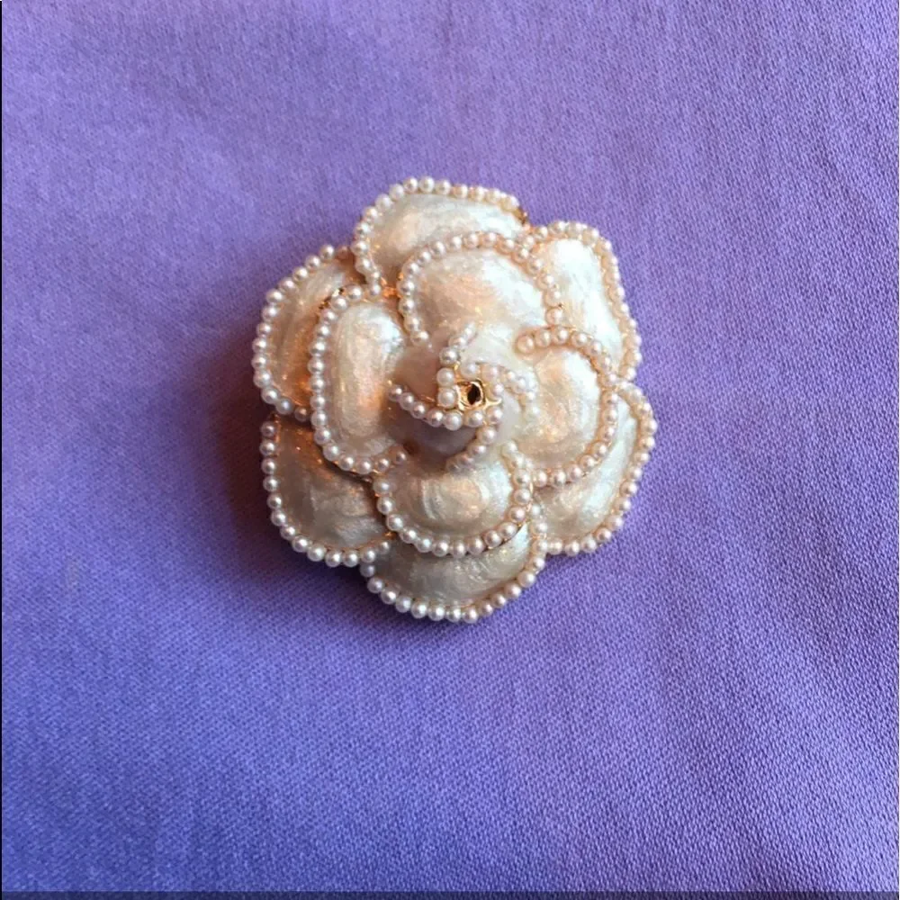 Pearl Camellia Flower Brooch Pin Ivory White Couture Style